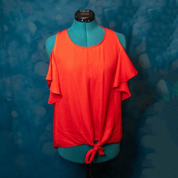 BCX Red Cold-Shoulder Ruffle Tie-Front Tank Blouse Women’s Large - Picture 1 of 5